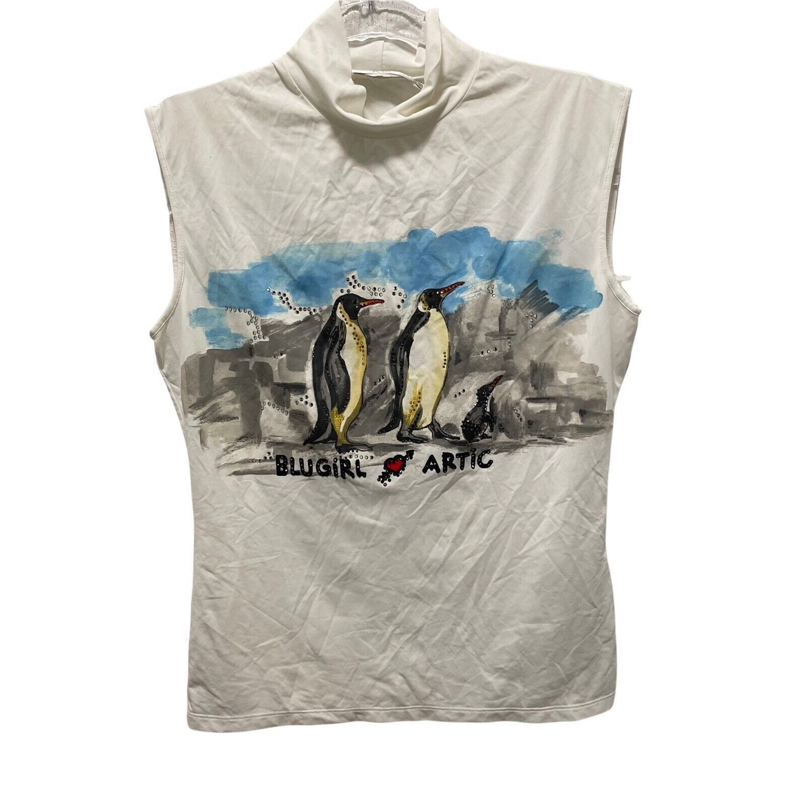 Click to view more detailed imagery on our partner's website Pre-owned Blugirl Blumarine Blugirl Jeans - Blugirl Artic Penguin Sequin Mock Neck Sleeveless Top Sz 38 Med In White