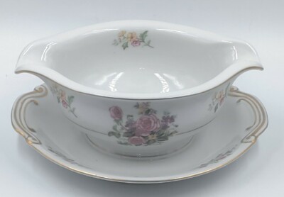 Puritan China Melody Gravy Sauce Boat w/Attached Underplate Floral Gold Trim