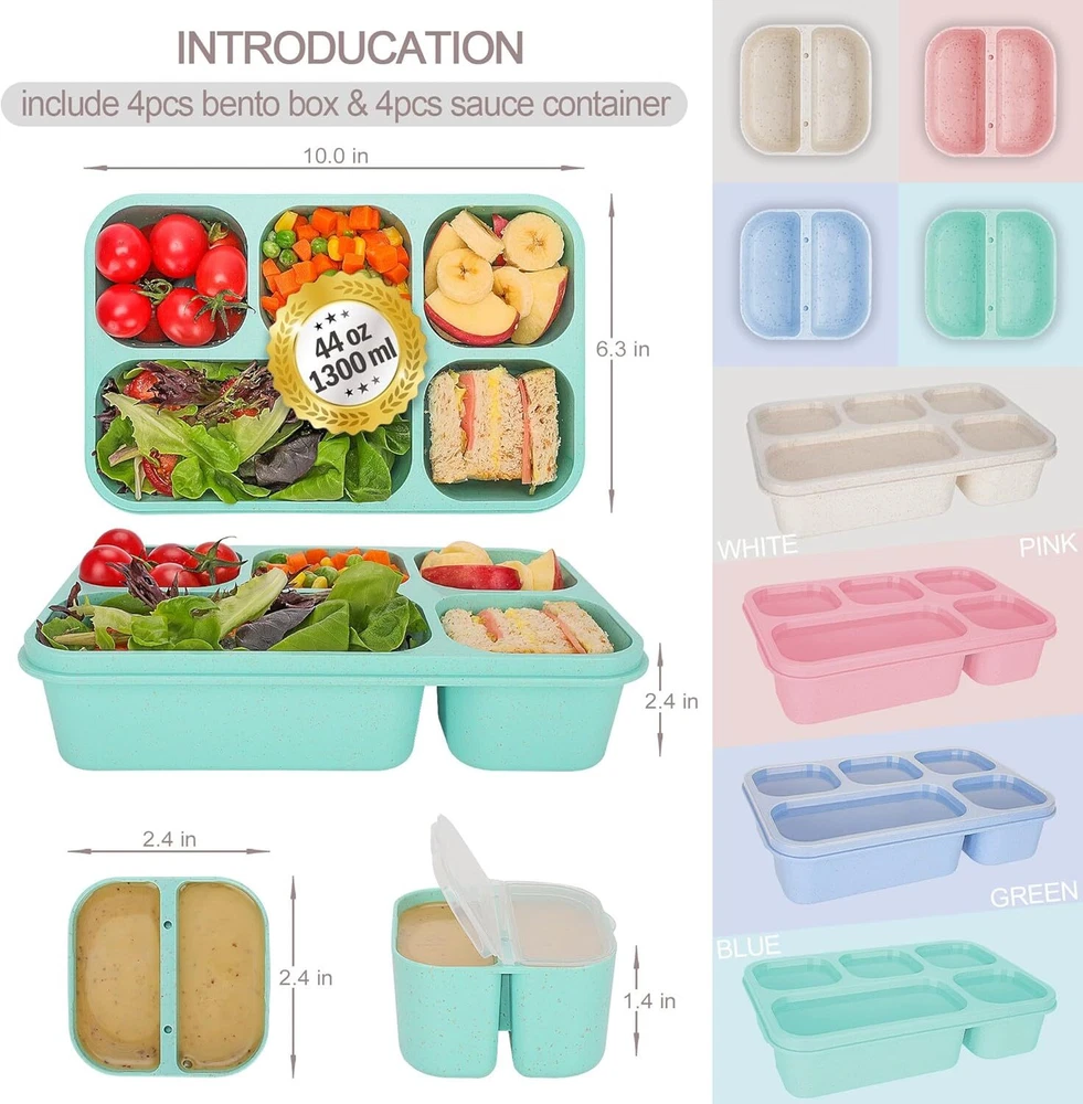 Bento Box Adult, 4 Pack 5 Compartments Meal Prep Green/Blue/Pink/Beige