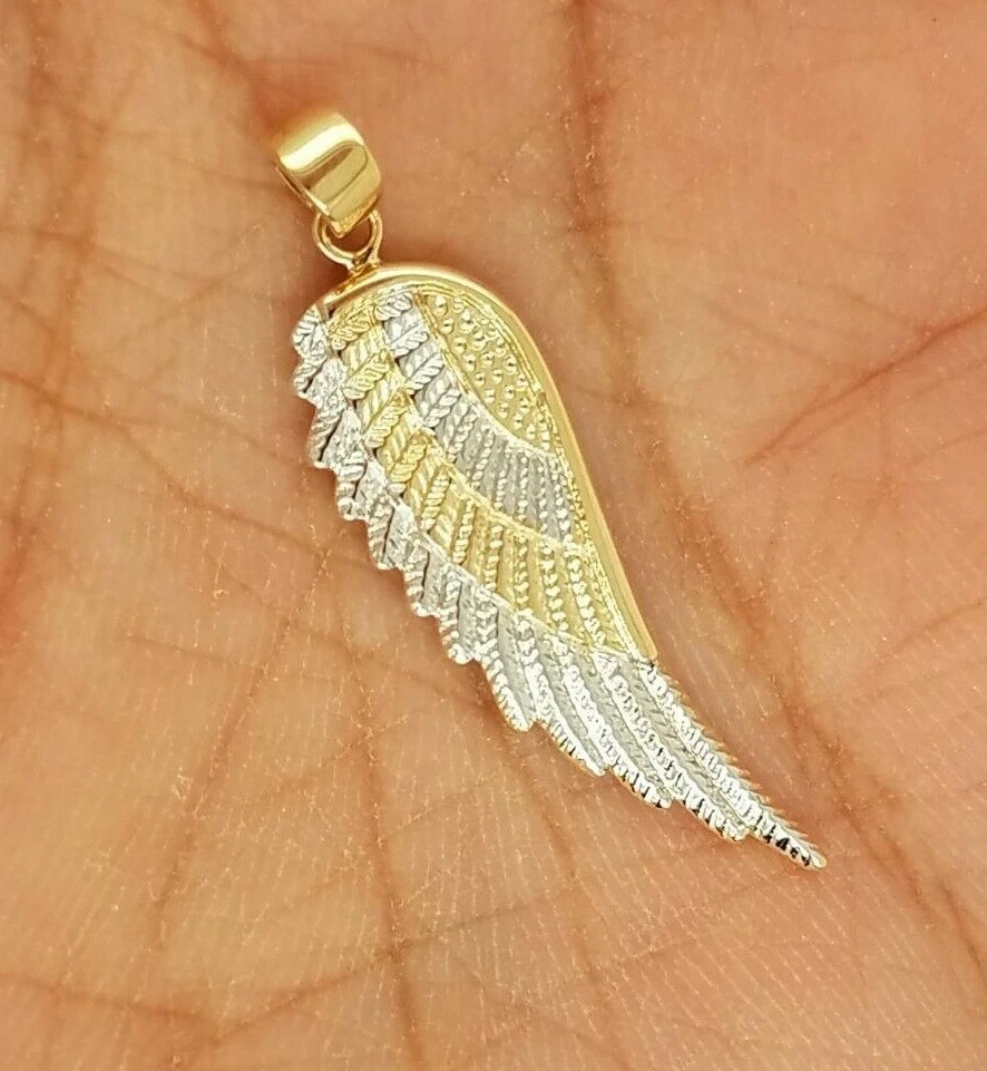 14K Yellow Gold Single Angel Wing Pendant Charm Diamond Cut Two