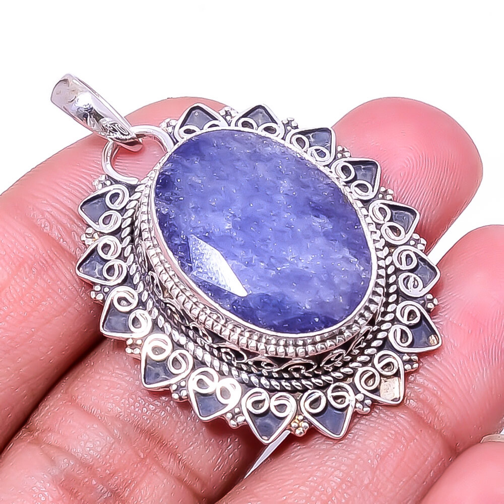 Blue Sapphire - Dyed Quartz Fine Art (Simulated) 925 Silver Pendant 1.76