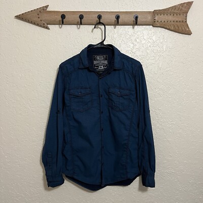 Broken Threads | Blue Long Sleeve Button Up Shirt Men Medium Pockets Roll Tab Sl