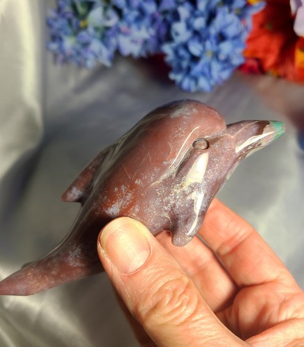 5" 205g Pretty Purple Ocean Jasper Dolphin Whale Carving Reiki Sculpture - Picture 10 of 15