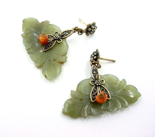 Chinese Antique Gilt Sterling Silver Jade Coral Earrings
