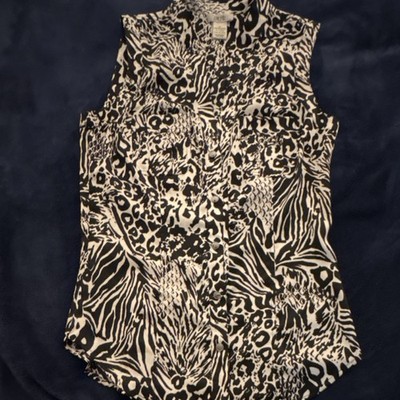 Cache Black White Animal Print Sleeveless Collared Button Chiffon Top XS