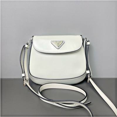 Authentic Prada Mini Cleo Smooth Leather Shoulder Bag Cream White Silver-Tone