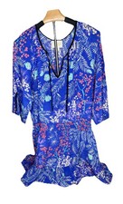 Yumi Kim 100% Silk Dress Womens L Blue Tropical Floral Tie Neck Boho Mini