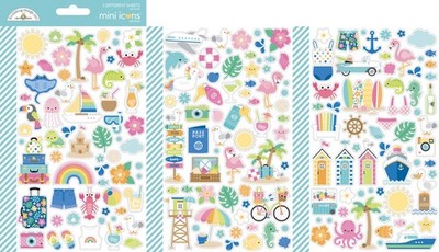 Doodlebug Mini Icon Stickers Summer Fun Beach Vacation Sea Animals Floral Shells