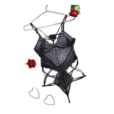 NWT Black Lace Teddy Bodysuit Halter Strappy Babydoll Lingerie Size M
