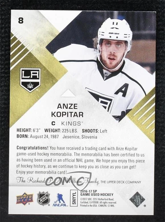 2016-17 SP Game Used Gold Spectrum Premium Material /25 Anze Kopitar #8 - Image 2 of 2
