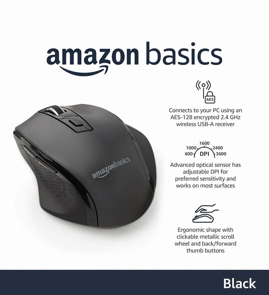 Amazon Basics Computer Mouse Wireless, Ergonomic, 2.4 GHz Optical Black - Image 2 of 4