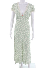 Rixo Womens Maxi Slip Dress Green V Neck Floral Zip Short Sleeve Size 10