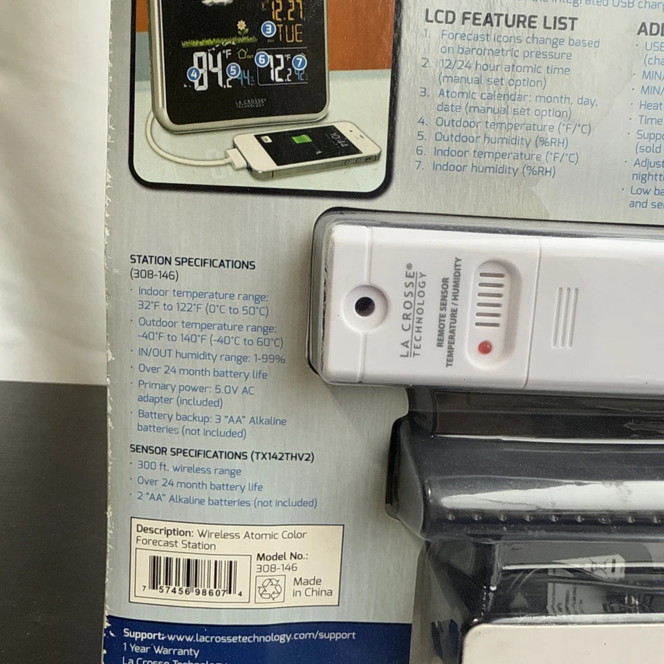 Lacrosse Technology 308-146 Wireless Atomic Color Weather Station w USB Charging - Image 4 of 4