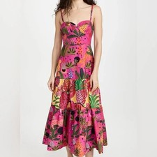π$248 FARM RIO POP LEOPARDS TROPICAL PRINT PINK TIERED MAXI DRESS SZ LARGE NEW