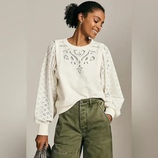 Anthropologie Pilcro Washed Eyelet Sweatshirt in White XXS 2XS