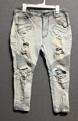 KDNK Men's Gray White Distressed Skinny Tapered Jeans 38 Denim Stretch 1141411