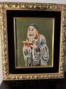 Vintage Needlepoint Of A Jewish Rabbi At Prayer 1950s-70s