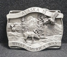WA07113 VINTAGE 1981BERGAMOT  ALASKA IS WHAT AMERICA WAS  PEWTER BELT BUCKLE