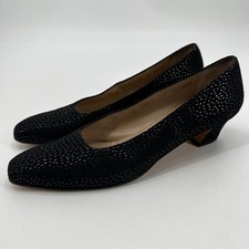 Salvatore Ferragamo Black Suede Metallic Dot Pumps Low Block Heel 9.5AAAA Narrow