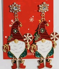 Christmas Gnome Dangle Earrings Rhinestones  Enamel Cute Festive Designer Style