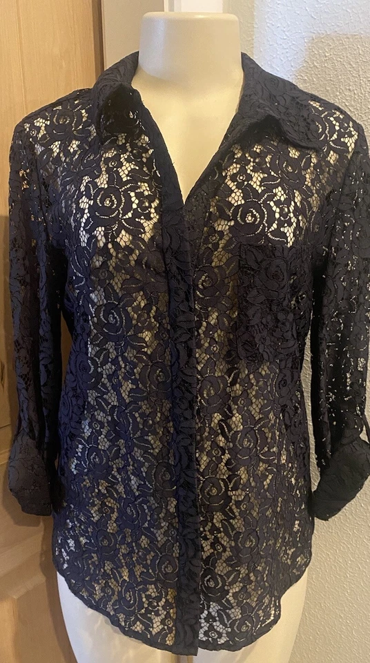 $298 Blusa Diane von Furstenberg DVF Lorelei Dos Encajes Bordada Negra Talla 6