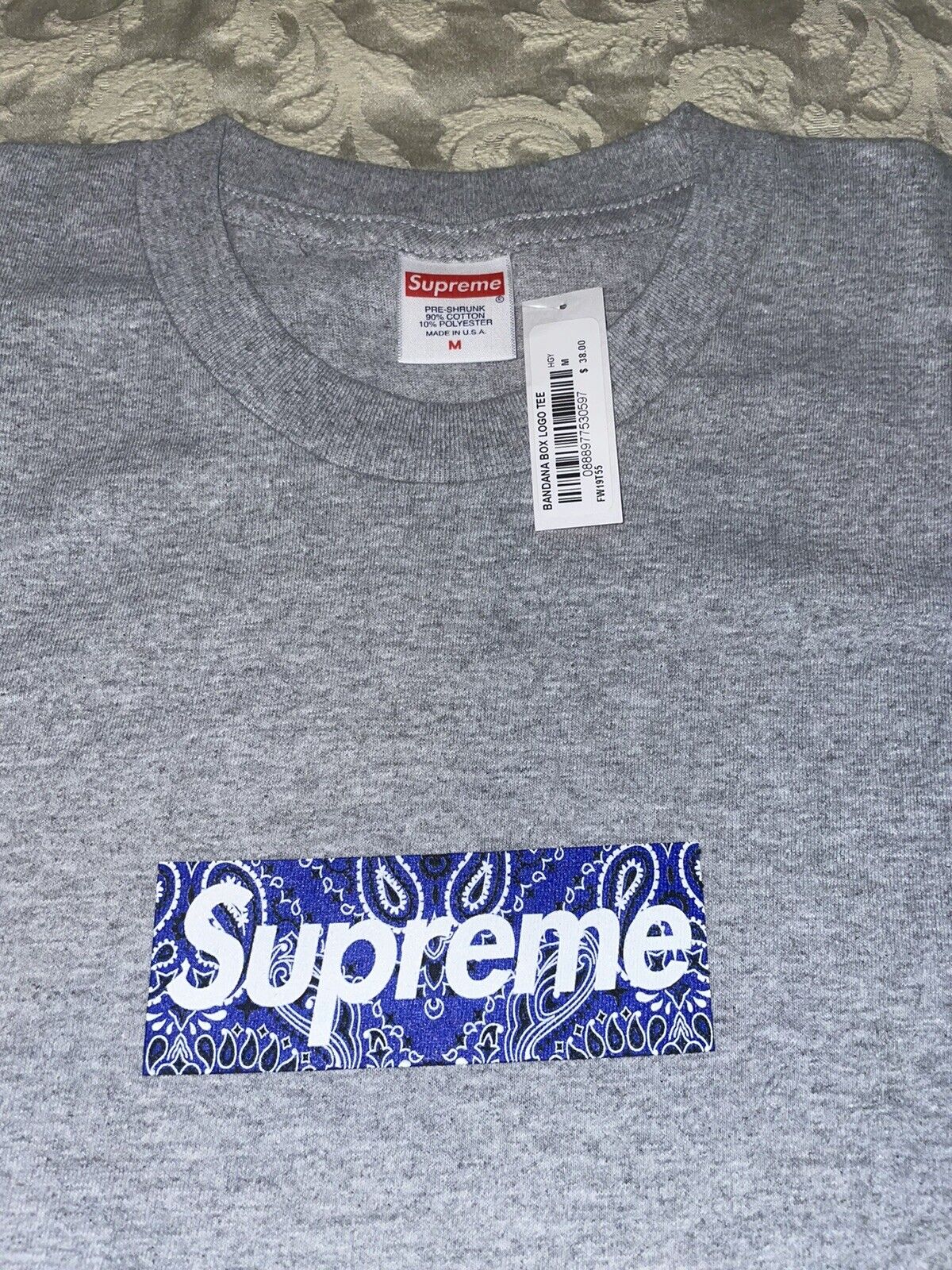 Supreme Bandana Box Logo Tee Heather Gray FW19 Size Medium