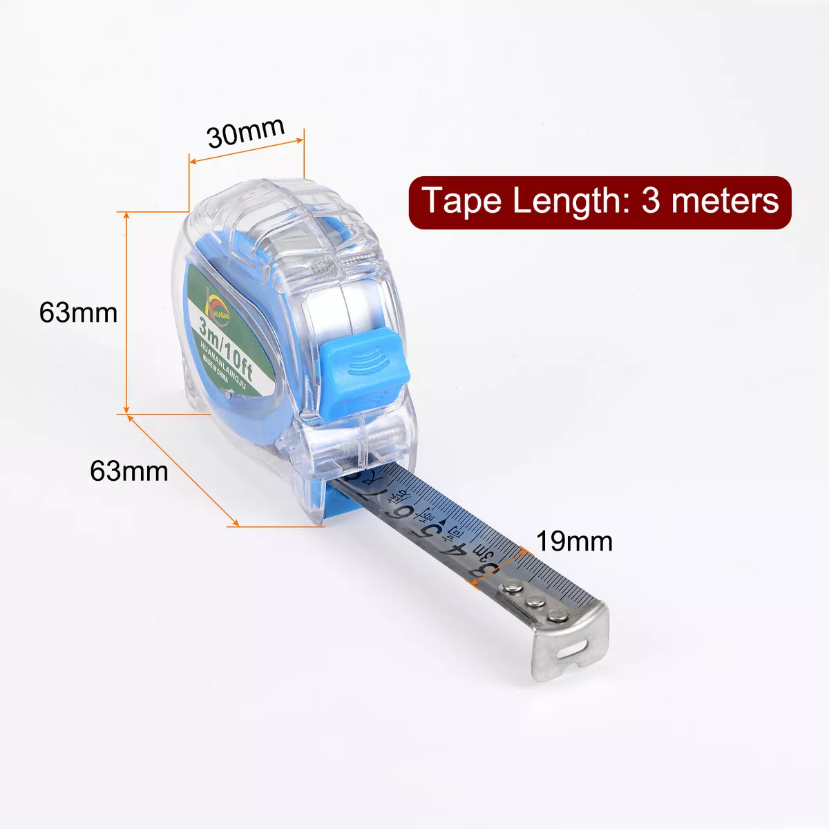 Self Lock Tape Measure 3 Meters Ruler Steel Tape 19mm Transparent Blue ABS Case