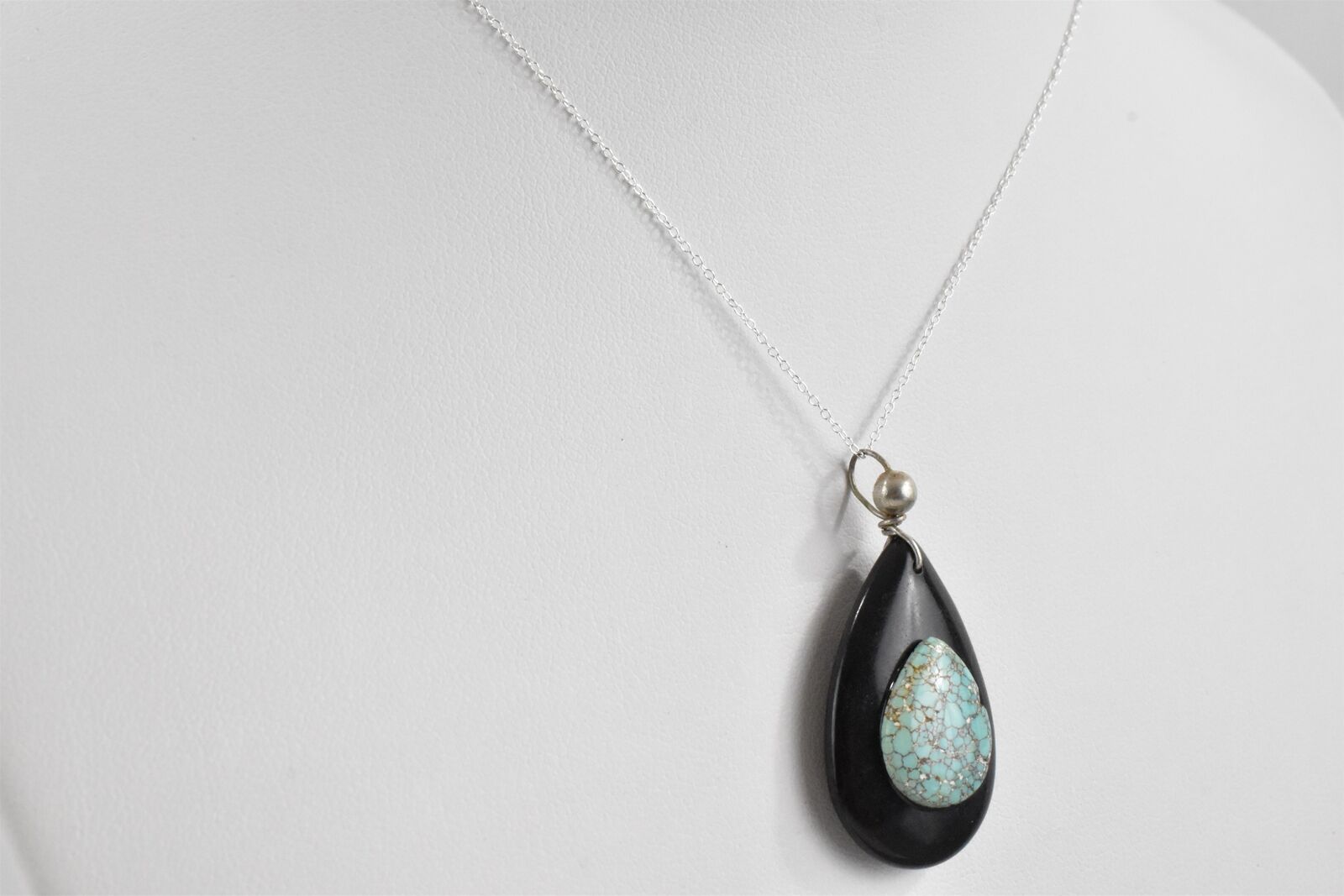 Black Agate and Spider Web Turquoise Pendant with… - image 12