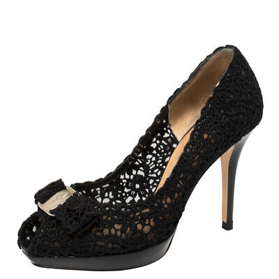 Salvatore Ferragamo Black Bonita Lace Peep Toe Pumps Size Salvatore Ferragamo Black Bonita Lace Peep Toe Pumps Size