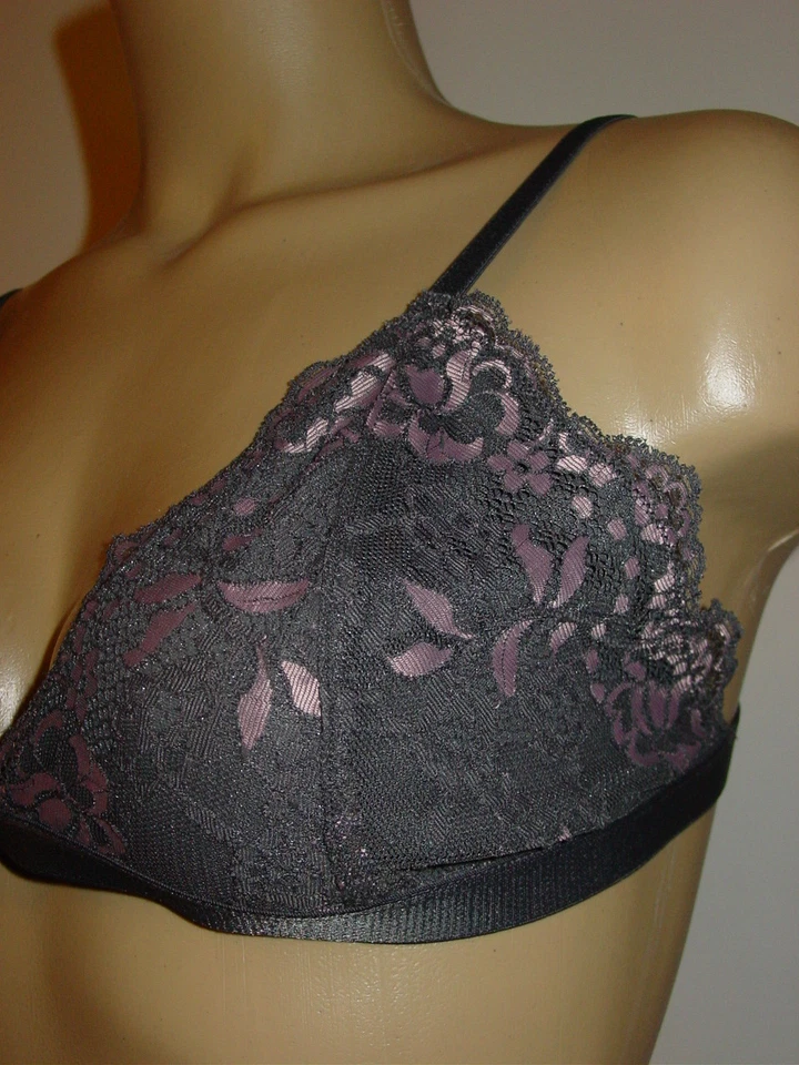 Sujetador Express Gris Oscuro Encaje Superpuesto Frontal Bralette Rosa Acentos Sissy-L-NUEVO NUEVO CON ETIQUETAS Foto 2 de 4