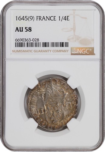 FRANCE LOUIS XIV 1645(9) 1/4 ECU SILVER COIN, ORIGINAL, NGC CERTIFIED AU58 - Picture 2 of 7