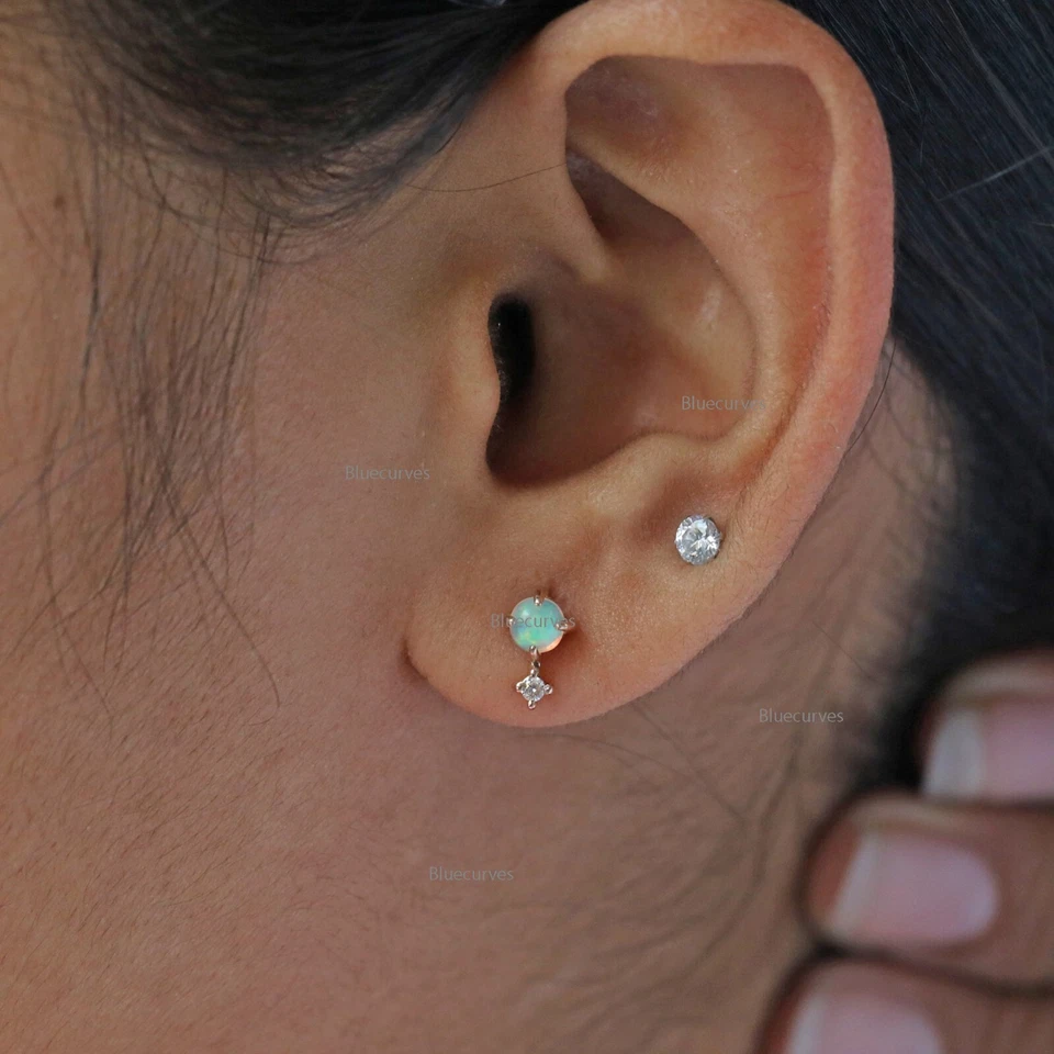 4mm Natural Ethiopian Opal & Real Diamond Tiny Studs Earrings in Solid 18k Gold - Image 4 of 4