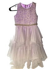 Girls Lavender Elegant Layered Tulle Beaded Sleeveless Lace Top Dress Size 7