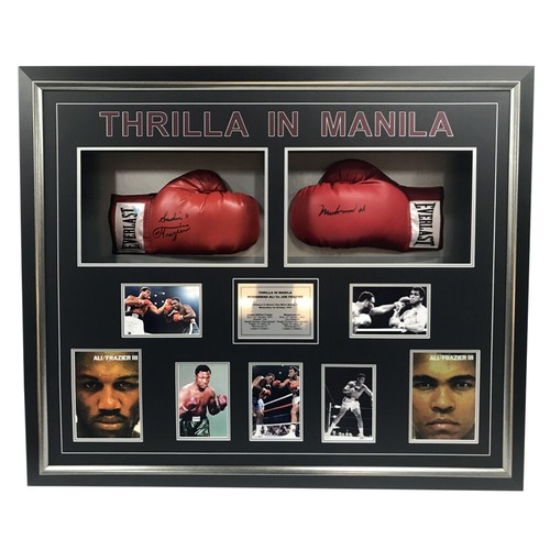 THRILLA IN MANILA HAND SIGNED FRAMED BOXING GLOVES MUHAMMAD ALI JOE
