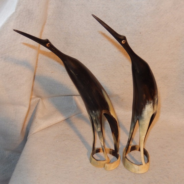 Pair 13" Vintage Horn Carving Heron Egret Crane Figure Carved Detail Ox