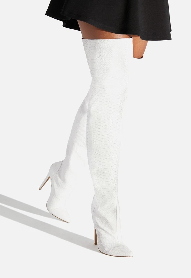 8 White Croc Thigh High Boots Pointed Toe Faux Leather Stiletto Heels Stylish - Image 2 of 4