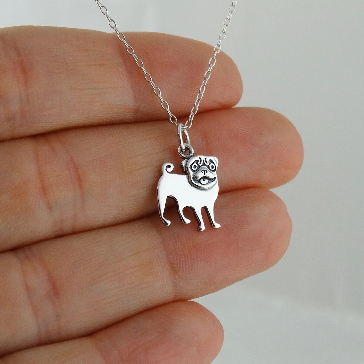 Small Pug Dog Charm Necklace 925 Sterling Silver Pet Lover Animal Gift NEW