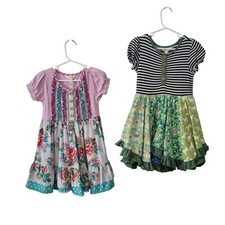 Matilda Jane Lot of 2 Size 4 Dress Joanna Gaines Striped Floral Ruffle Patchwork