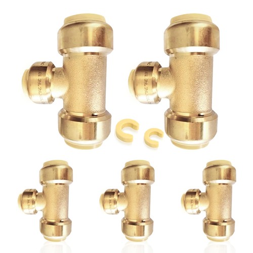 5PC 3/4"x3/4"x1/2" Pushfit Tee, Push to Connect Plumbing Fittings