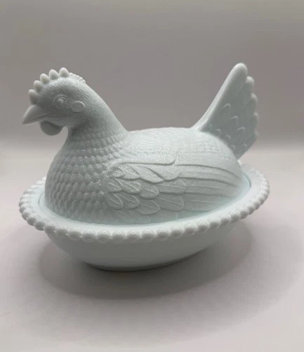 Vintage Indiana Glass White Milk Glass Hen On A Nest Covered Dish Beaded 7"