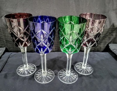 Set of Four Wine Glasses Multi Color Cut to Clear Made By Crystal Clear 9'' Tall