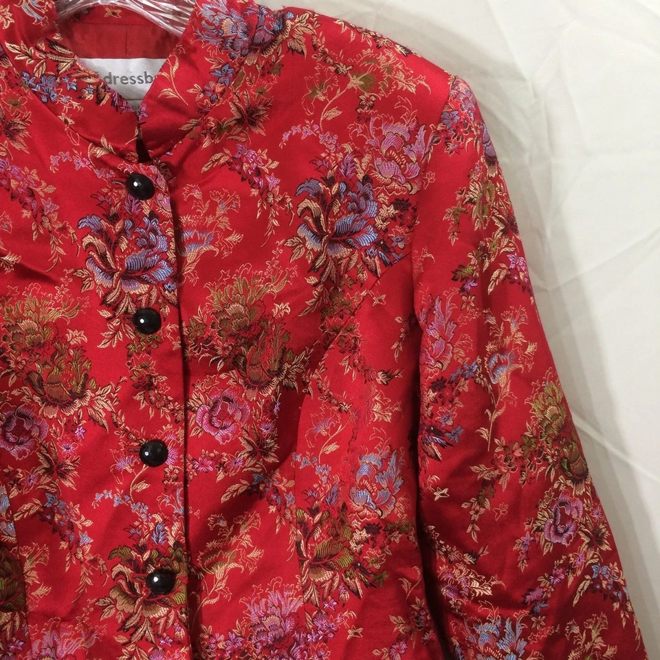 Chaqueta de Colección Y2K Dressbarn Roja Floral Brocado Mezcla de Seda Talla 8 Cuello Mandarín Foto 4 de 4