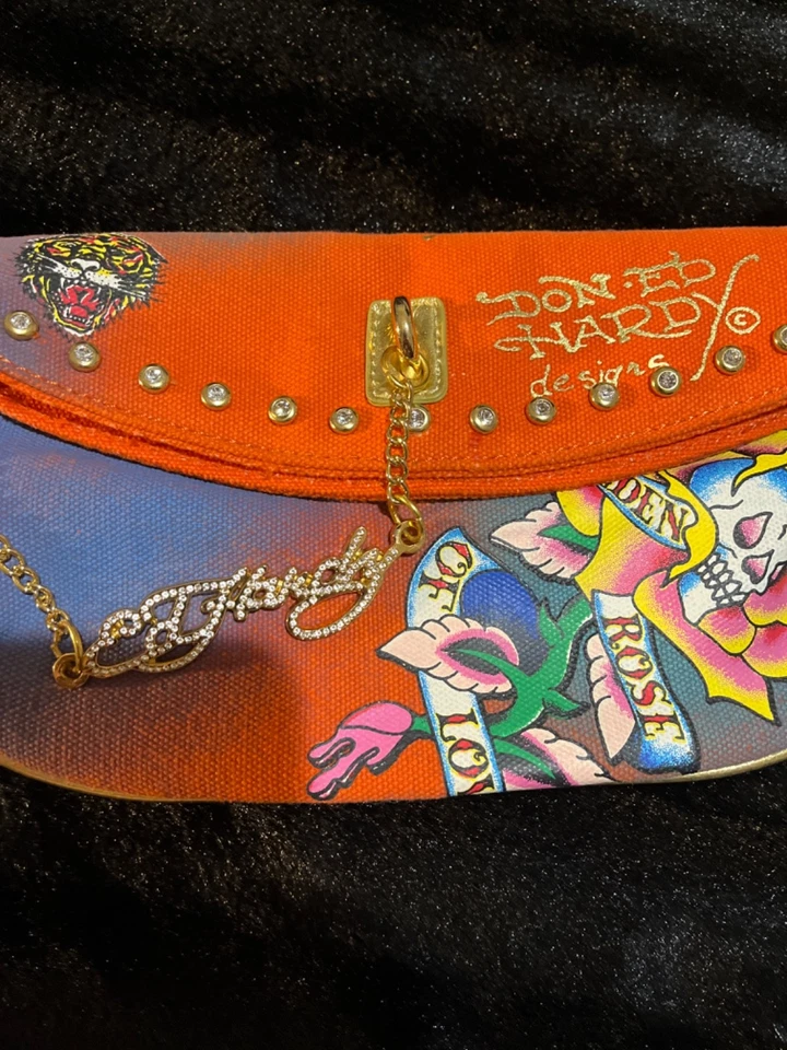 Bolso de mano Ed Hardy, naranja/multicolor/oro/diamante nuevo sin etiquetas con bolsa para el polvo Foto 3 de 4