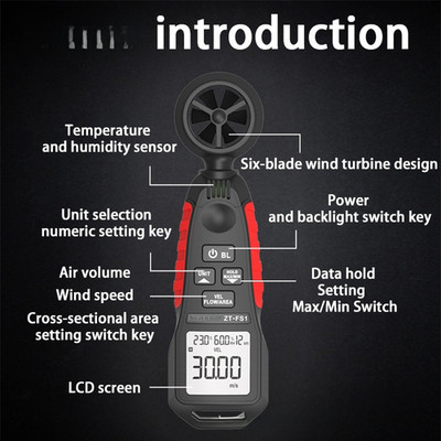 ZT-FS1 Digitales Anemometer mit Abtastrate 5 mal pro Sekunde und Data Hold