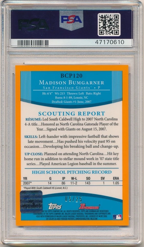 MADISON BUMGARNER 2008 BOWMAN CHROME RC ORANGE REFRACTOR AUTO #05/25 PSA 8 NM-MT - Image 2 of 2
