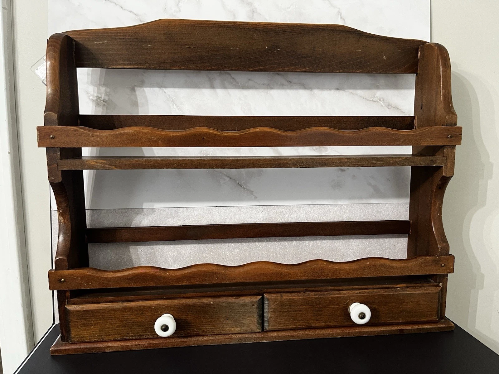 Vintage MCM Wooden Wall Hanging Spice Rack With 2 Drawers Porcelain Handles
Opens in a new window or