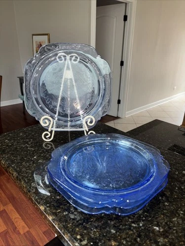 4 Federal Glass MADRID Madonna Blue Dinner Plates 10½ Depression Glassware A943