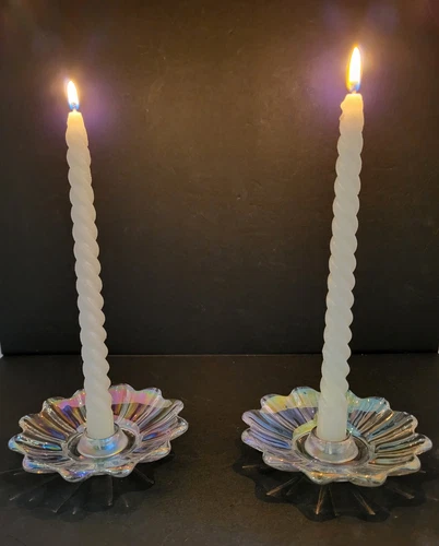 Vintage Federal Glass Co Celestial Iridescent Pair Of Candlestick Holders