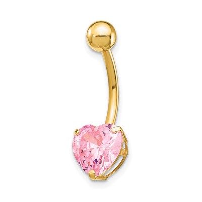 Real 10K Yellow Gold W/8Mm Pink Cz Heart Belly Dangle; Women & Men