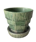 McCoy Pottery Vintage Flower Pot Green Basket Weave w Attached Saucer 1940